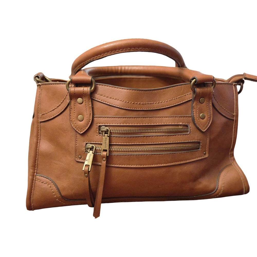 Rosetti Womens Cognac Brown Faux Leather Satchel Handbag Brass Hardware